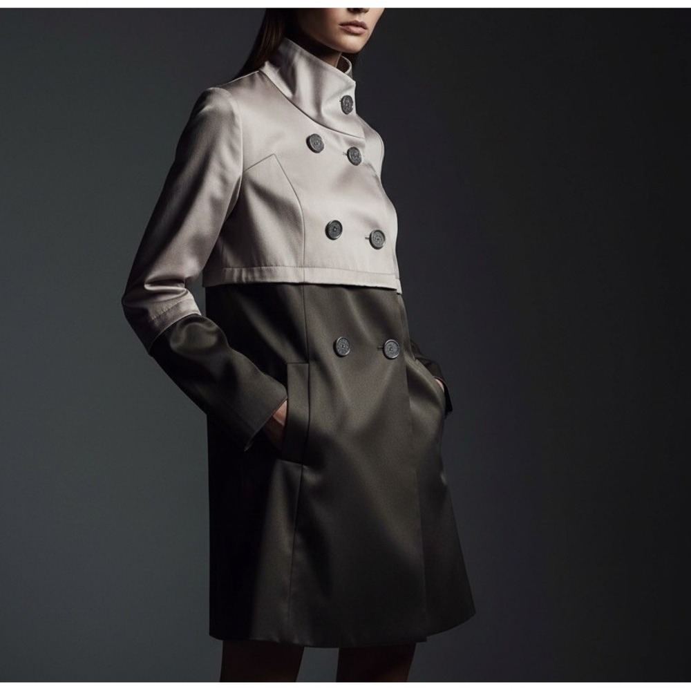 ❤ Womens S TAHARI Gray Anya Colorblock Satin Trench Coat Jacket Small